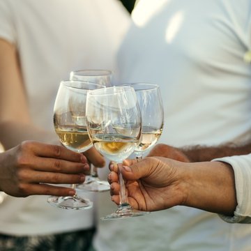 Mehrere Personen in weissen Oberteilen stossen mit Weisswein im Weinglas an